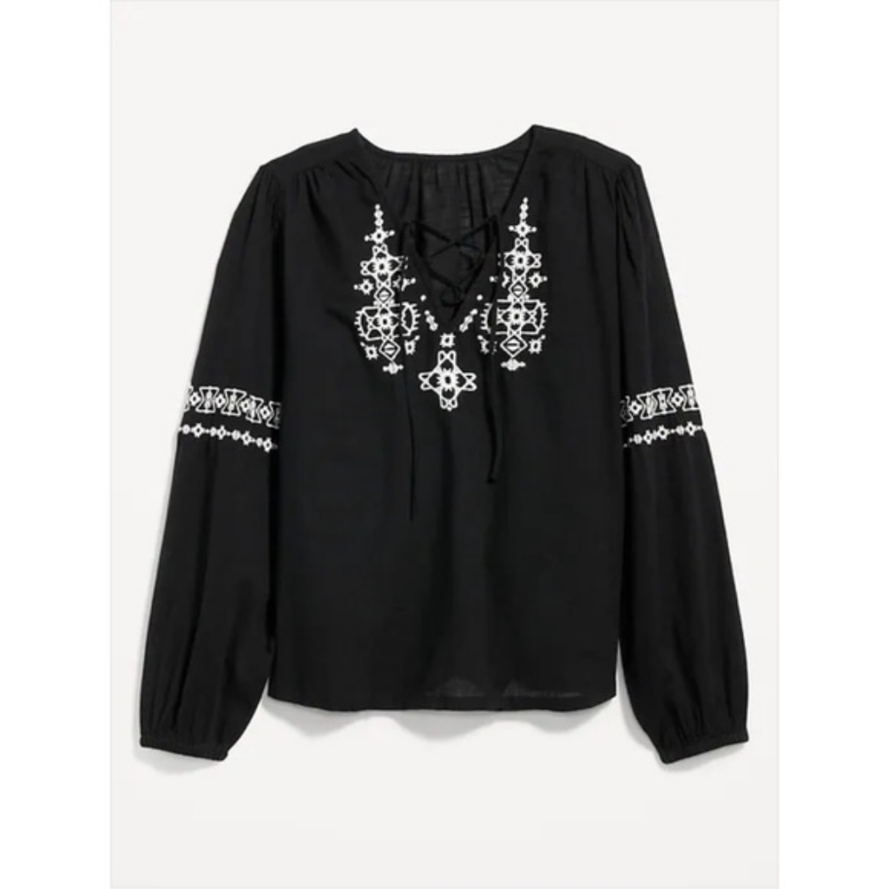 Old Navy Black Embroidered Boho Blouse Size: L - Picture 2 of 9